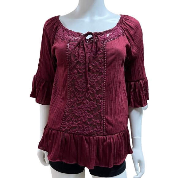 Almost Famous Maroon Embroidered Pleated Ruffled Blouse Womens‎ Size L (N10304) - Picture 1 of 8